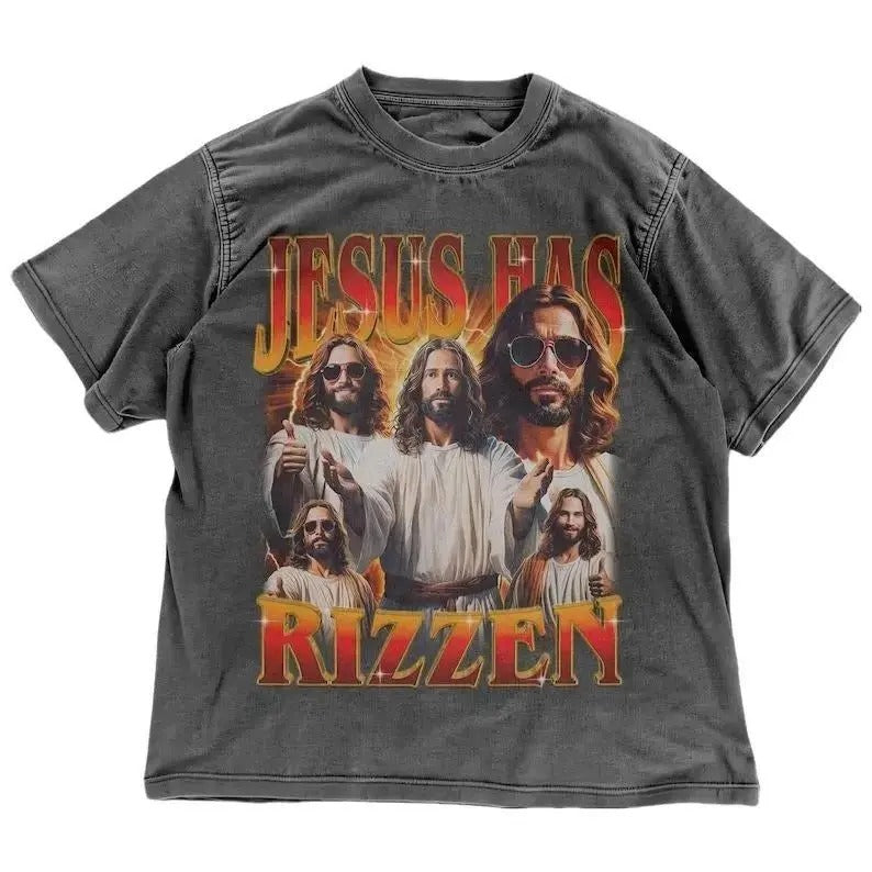 Vintage Jesus Has Rizzen Shirt | Retro Christian Humor T-Shirt | Easter Religious Meme | Retro Y2K Jesus Tee | Ironic Shirt 100% cotton Menswear Top