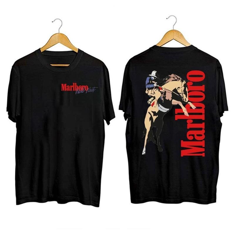 Vintage Marlboro Cowboy Wild West Unisex Black White T-Shirt 100% Cotton Crew Neck 501fits Menswear Top