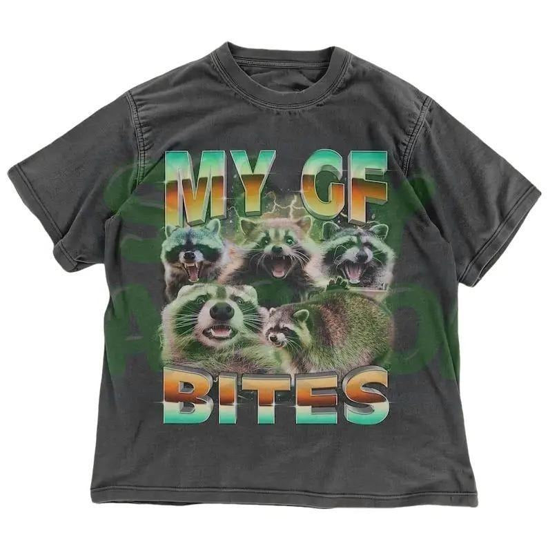 Vintage Raccoon Mens TShirt, My GF Bites Funny Boyfriend Gift, Edgy Animal Meme Tee, Sarcastic Retro Graphic Top for Him, Couple Gift Cotton