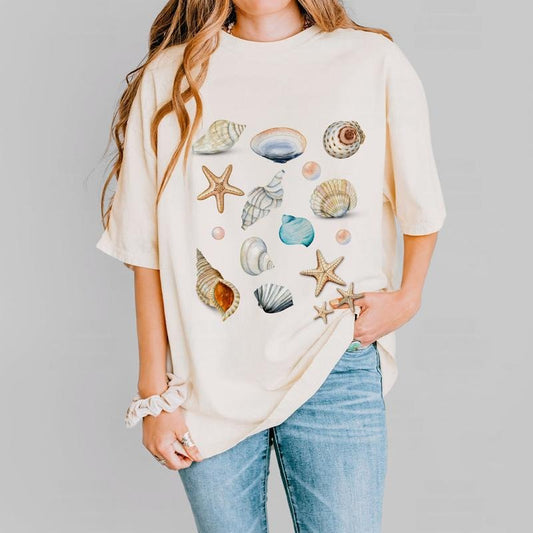 Vintage Seashells Shirt, Ocean Animal Shirt, Sea Shell Shirt, Gift For Her, Beach Shirt, Ocean Shirt for Women, Hello Summer Shirt, Beach Lover Summer Tee, Sea Shell Lover Gift, Cute Ocean Life Shells T-shirt, Sea Shell Women Top Casual Comfort Breathable