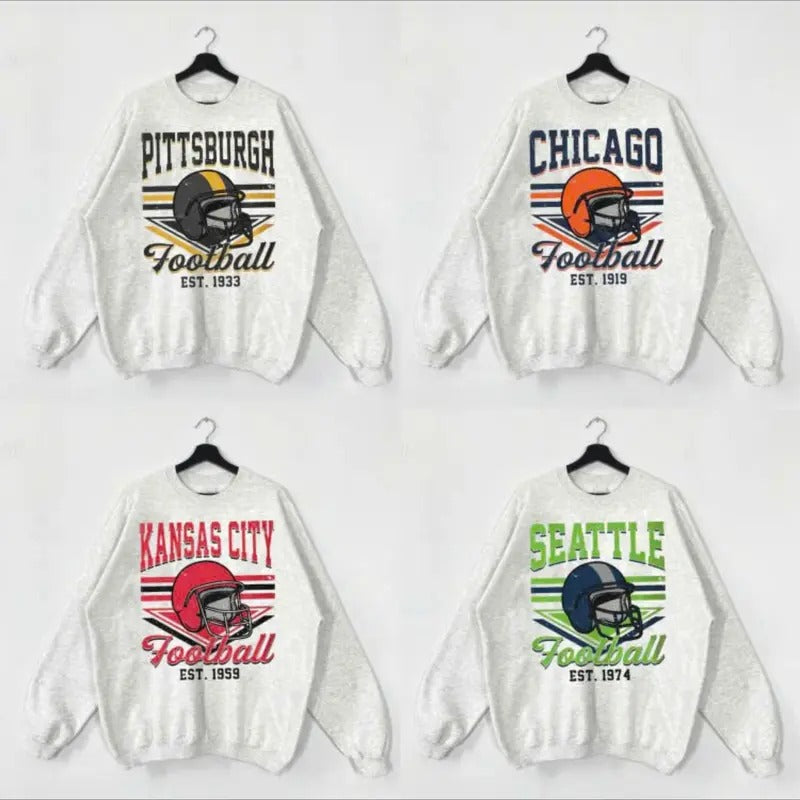 Vintage Striped All Team Football Ash Grey Sweatshirt, Football Crewneck Sweatshirt, Football Sweatshirts