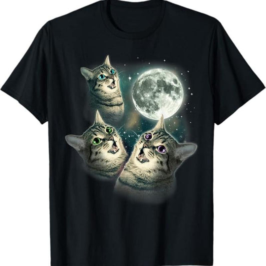 Vintage Three Cat Moon 3 Wolfs Cute Kitten Graphic T-Shirt, Fantasy Kitten Tshirt, Cute Cat Shirt, Love Cat Tshirt, Meme Cringe Funny Dumb Shirts, Unisex Shirt Menswear Womenswear Streetwear