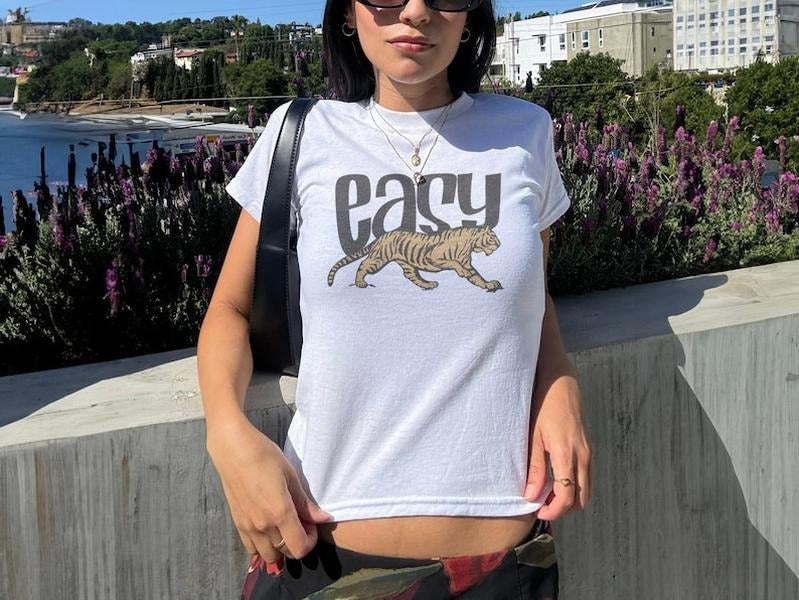 Vintage Tiger Baby Tee, Retro Inspired Easy Tiger Design, 90s Style Shirt, Y2K Fashion, Baby Tee, Cool Graphic
