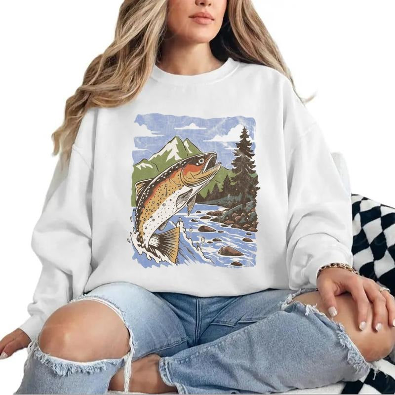 Vintage Trout Fishing Mountain River Adventure Sweatshirt Rustic Fisherman Graphic Outdoor for T-Shirts Unisex Cotton Pullover Womenswear Day Hoodie