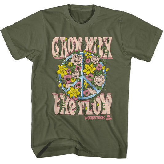 Woodstock - Grow With The Flow - American Classics - Solid Green Adult Short Sleeve T-Shirt