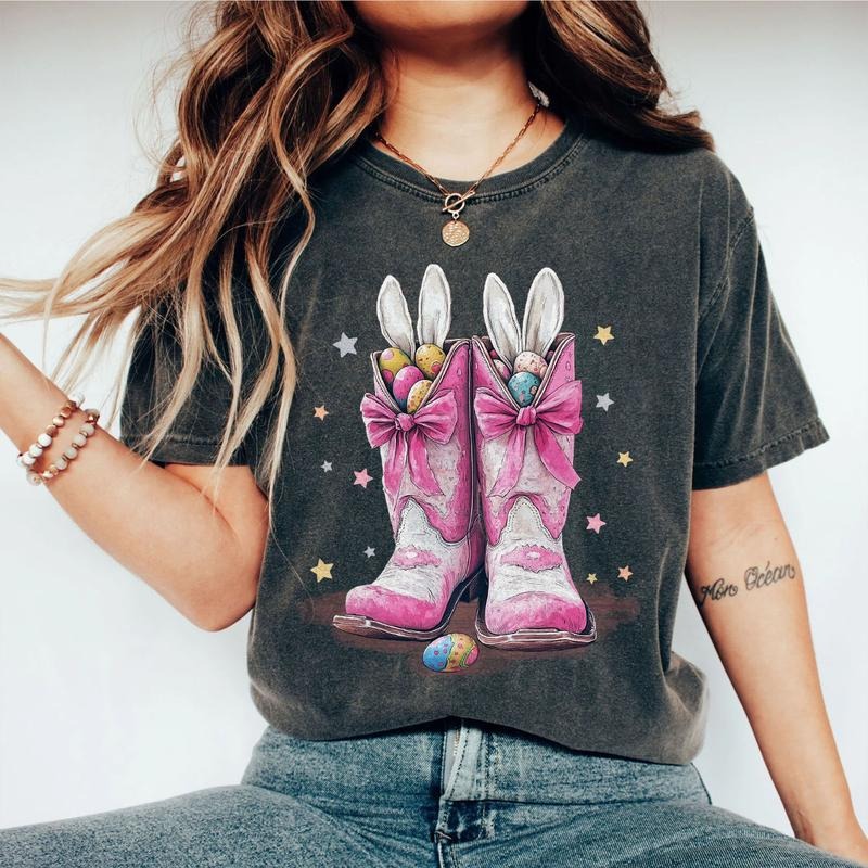 Western Easter Shirt, Cowgirl Boots Bunny Ears Tee, Pink Bow Easter Sweatshirt for Women, Country Spring Outfit