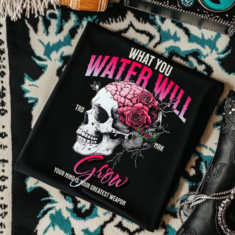 What You Water Will Grow Black CC Tshirt, Summer Grunge Oufits Featuring Skull and Rose,  Womenswear Crewneck Tops Comfort