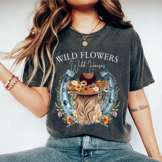 Wild Flowers Wild Horses Shirt, Wild Flowers Shirt, Country Girl Shirt, Cowgirl Shirt, Vintage Wild West ShirtShirt For Woman, Oversized Graphic Tee, Cowgirl Shirt for Girl, Cute Country Shirts, Wild West Gifts for Women, Women Top