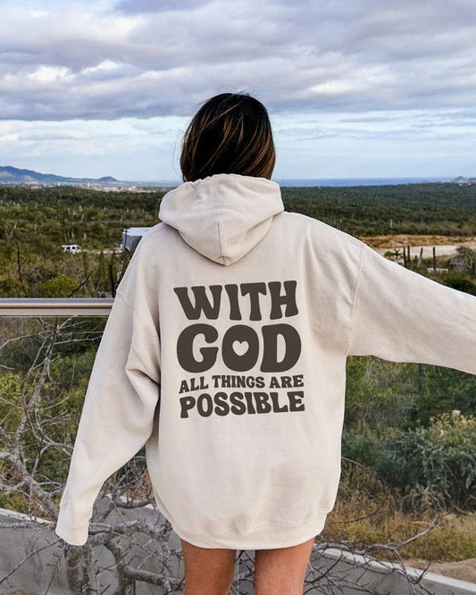 With God All Things Are Possible Hoodie Groovy Bible Verse Sweatshirt Matthew 19 26 Sweater Inspirational Quote Christianity Gift Cotton Menswear