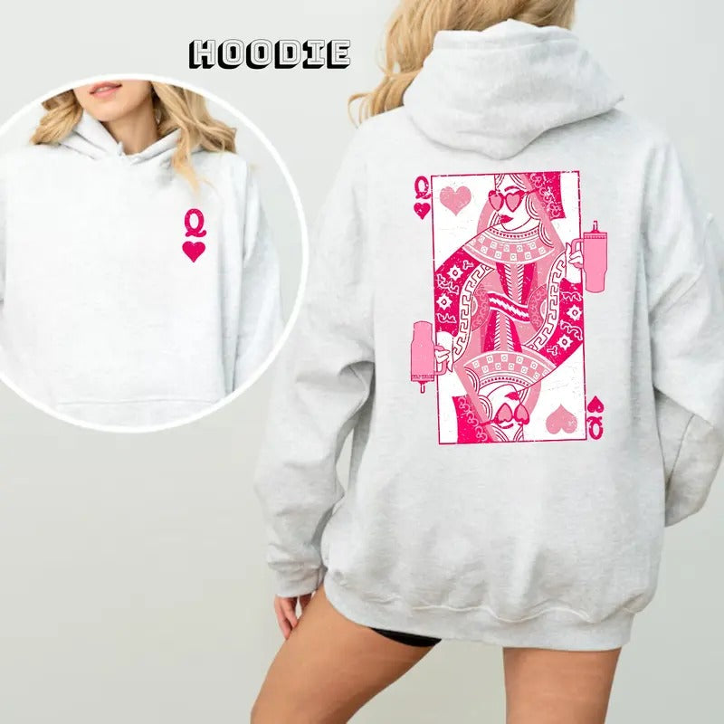 Queen Of Hearts Cards Games Valentines Day 2 Sides Hoodie/Sweatshirt/T-Shirt, For Men/Women - Unisex Style, 100% Cotton, Pullover unisex hoodie