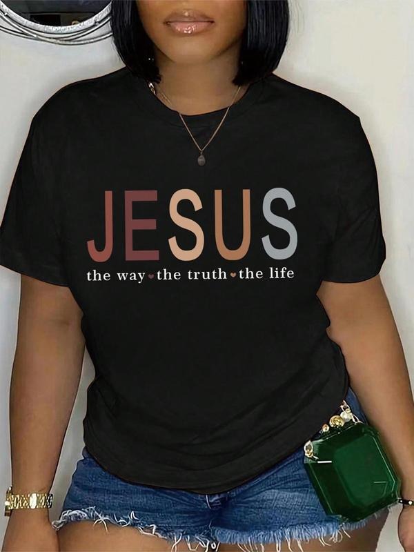 Women's "JESUS" Letter Print Round Neck Graphic Tee, Vintage Trendy Casual Short Sleeve T-shirt for Daily Wear, Ladies All Seasons Outfit