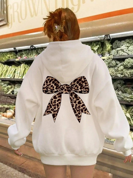 Women's Bow Print Drop Shoulder Hoodie, Fashion Casual Drawstring Pocket Hooded Sweatshirt for Daily Holiday Outdoor Wear, Ladies Clothes for All Seasons