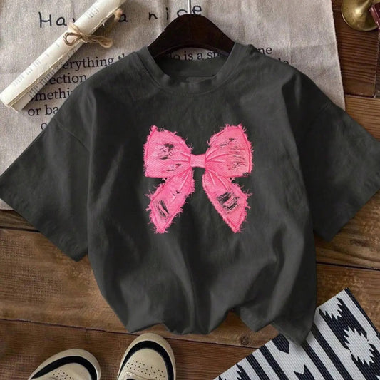 Women's Bow Print Round Neck Tee, Fashion Casual Short Sleeve T-shirt, Ladies Summer Clothes for Daily Wear