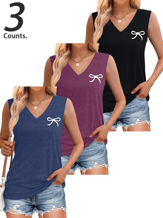 Women's Bow Print V Neck Tank Top, Casual Sleeveless Top for Summer, Ladies Clothes for Daily Wear
