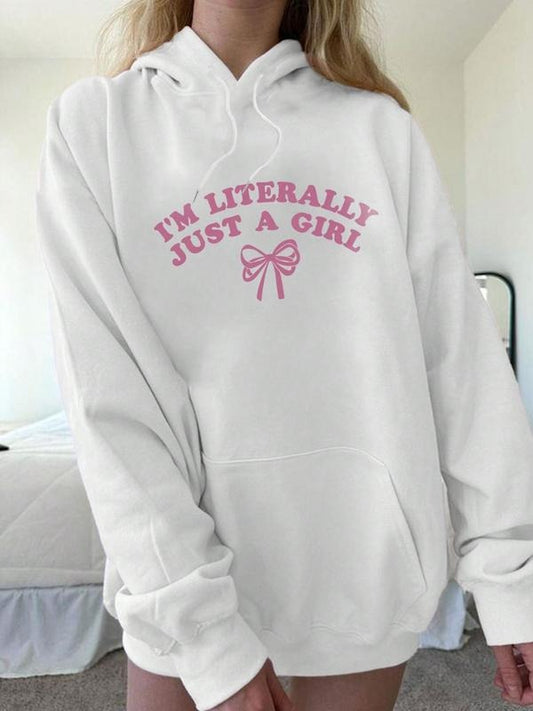 Women's Bowknot & Letter Print Drawstring Pocket Hoodie, Casual Drop Shoulder Long Sleeve Hooded Sweatshirt, Ladies Fall & Winter Clothes for Daily Wear
