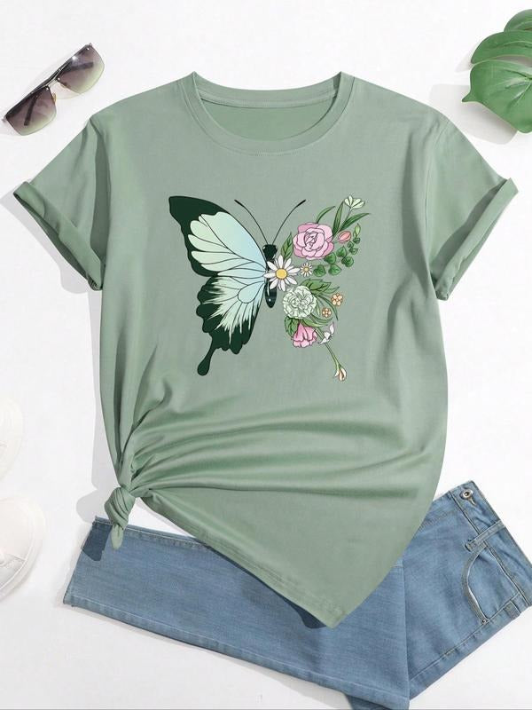 Women's Butterfly & Floral Print Round Neck Tee, Fashion Casual Comfort Crew Neck Short Sleeve T-Shirt for Daily Wear, Ladies Summer Outfit