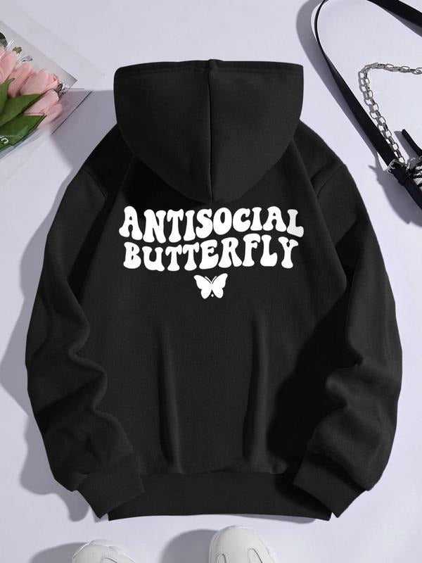 Women's Butterfly Graphic Print Pocket Drawstring Hoodie, Fashion Casual Drop Shoulder Long Sleeve Hooded Sweatshirt for Daily Outdoor Wear, Country Outfits, Women Fall & Winter Clothes