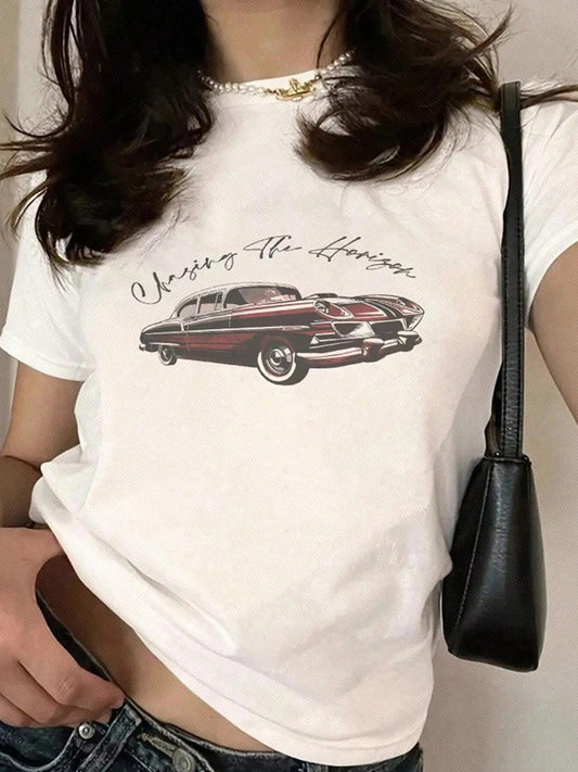 Women's Car & Letter Print Round Neck Tee, Vintage Trendy Casual Short Sleeve T-shirt for Daily Wear, Ladies All Seasons Outfit