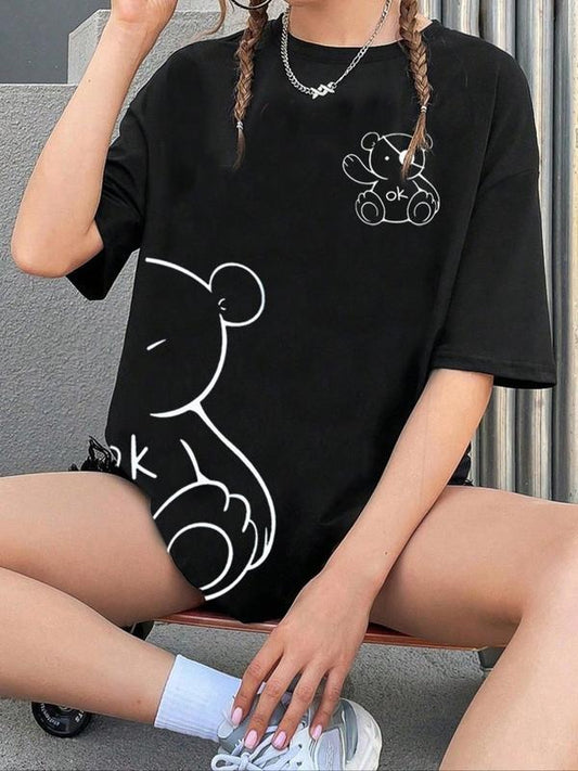 Women's Cartoon Bear & Letter Print Drop Shoulder Tee, Casual Half Sleeve Round Neck T-shirt for Summer, Graphic Tees, Ladies Clothes for Daily Wear, Womenswear