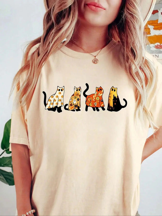 Women's Cartoon Cat Graphic Print Round Neck Tee, Graphic Tees, Casual Half Sleeve Crew Neck T-Shirt for Summer, Fashion Women's Top for Daily Wear