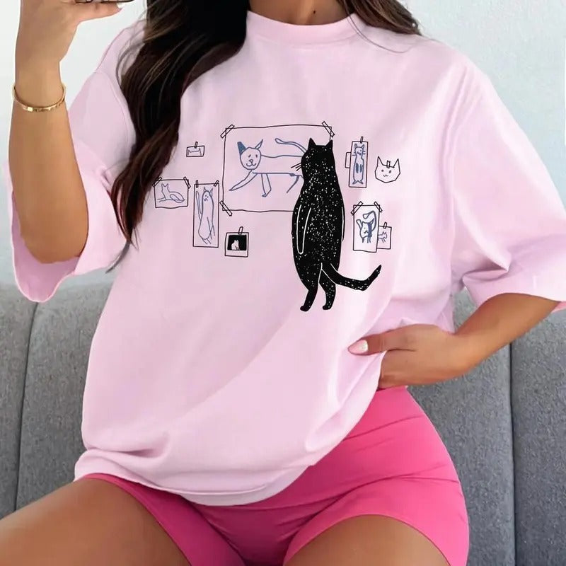 Women's Cartoon Cat Print Drop Shoulder Tee, Casual Half Sleeve Round Neck T-shirt, Vintage Graphic Tees, Summer Clothes Women, Graphic Tees, Unisex shirt