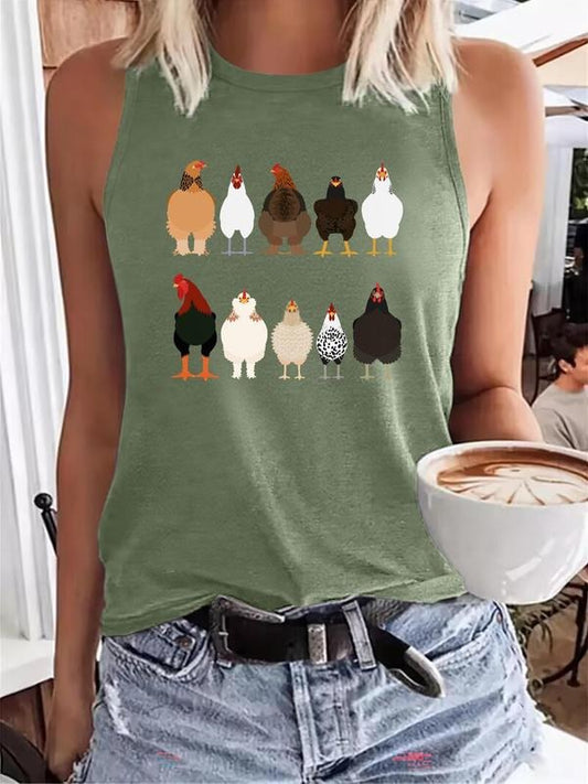 Women's Cartoon Chicken Print Round Neck Tank Top, Casual Sleeveless Top for Summer, Ladies Clothes for Daily Wear, Socks