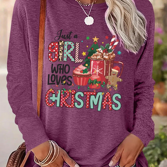 Women's Cartoon Christmas Print Drop Shoulder Tee, Casual Long Sleeve Round Neck Pullover for Daily Wear, Ladies Fall & Winter Clothes