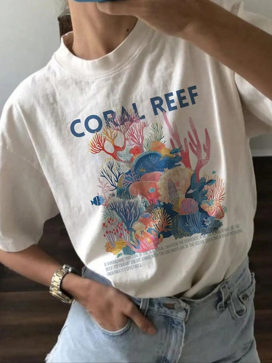 Women's Cartoon Coral Reef Graphic Round Neck Tee, Casual Drop Shoulder Short Sleeve T-shirt for Summer, Ladies Clothes for Daily Wear
