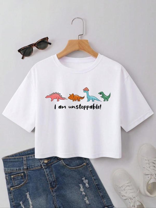 Women's Cartoon Dinosaur Print Round Neck Cute Graphic Crop Tee, Casual Fashion Drop Shoulder Short Sleeve T-Shirt for Daily Holiday, Ladies Clothes