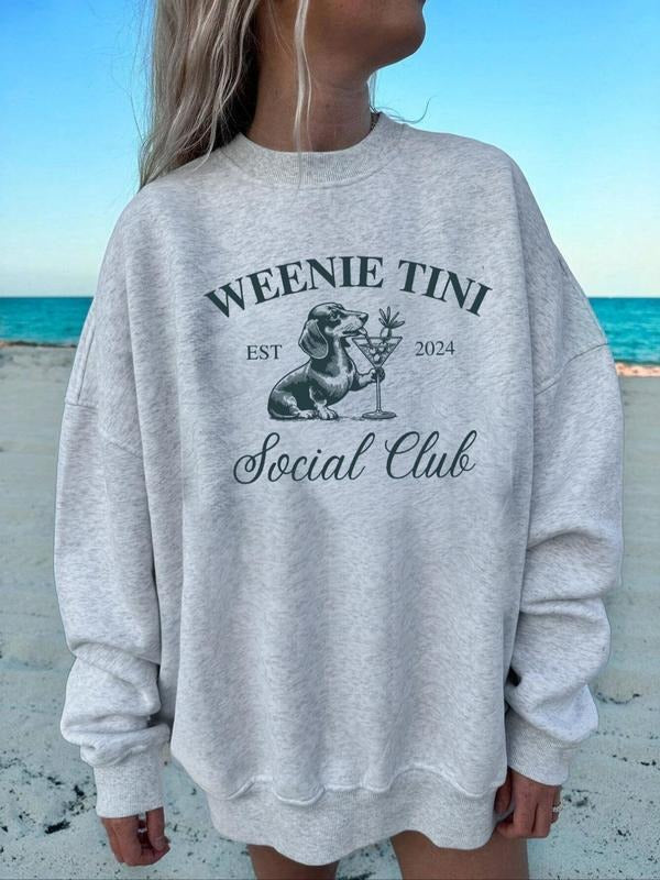 Women's Cartoon Dog & Letter Print Drop Shoulder Thermal Lined Sweatshirt, Casual Long Sleeve Round Neck Pullover for Fall & Winter, Ladies Clothes for Daily Wear