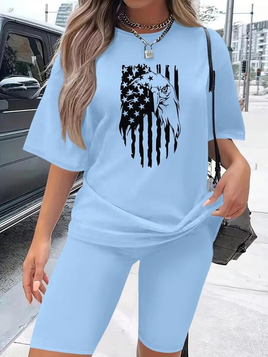 Women's Cartoon Eagle Print Tee & Shorts Set, Casual Fashion Cozy Round Neck T-shirt & Shorts for Daily Outdoor Wear, Ladies Clothes for All Seasons, Suits