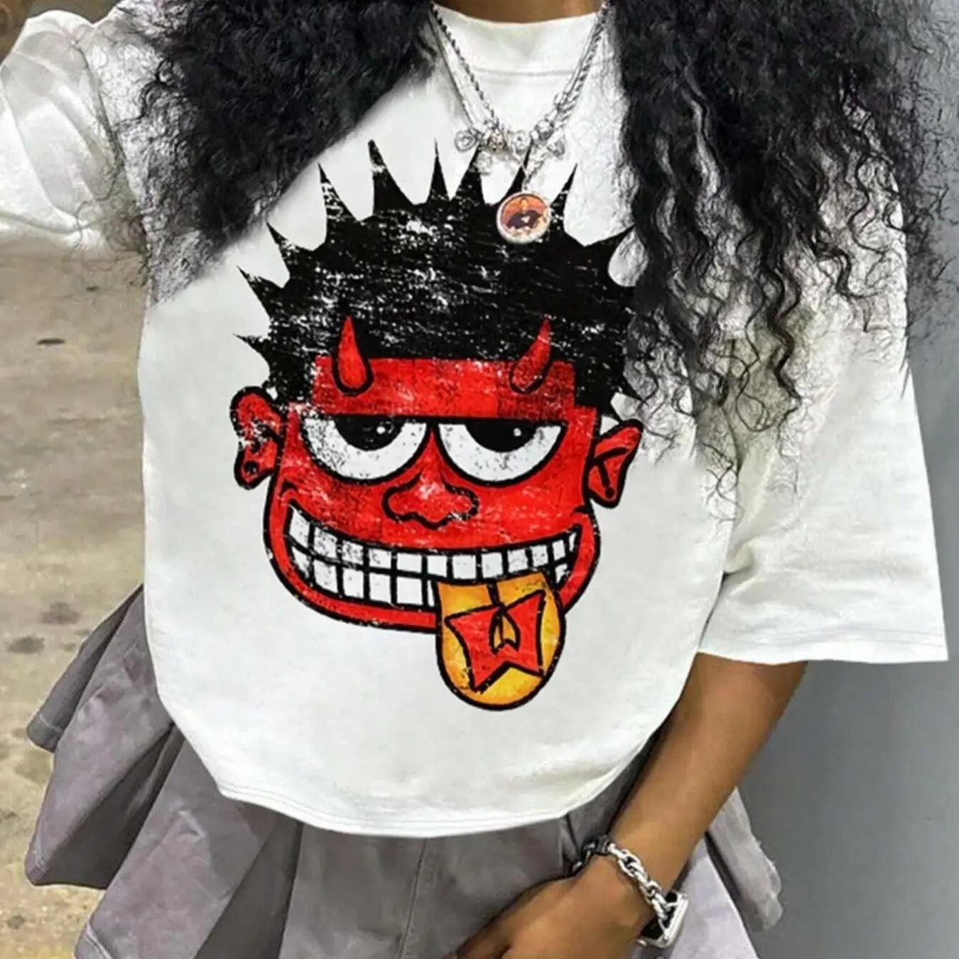 Women's Cartoon Face Print Drop Shoulder Tee, Fashion Casual Crew Neck T-shirt for Daily Holiday Vacation Outdoor Wear, Ladies Clothes for Summer