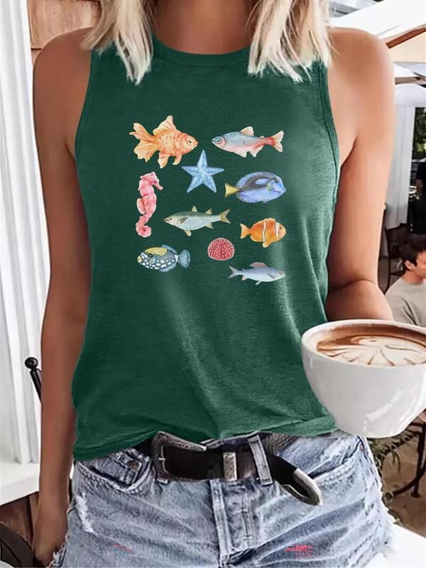 Women's Cartoon Fish Print Round Neck Tank Top, Casual Sleeveless Top for Summer, Ladies Clothes for Daily Wear, Socks