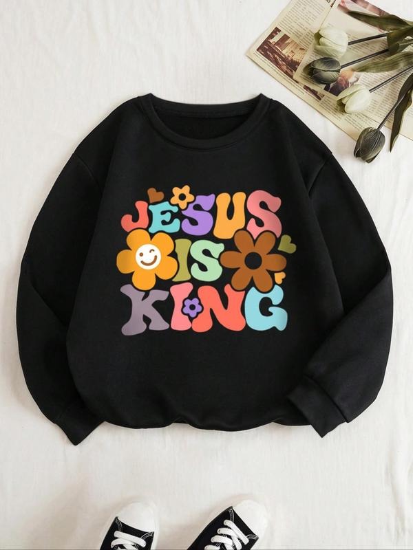 Women's Cartoon Floral & Letter Print Drop Shoulder Sweatshirt, Casual Long-Sleeve Crew Neck Pullover For Daily Wear, Ladies Fall & Winter Clothes