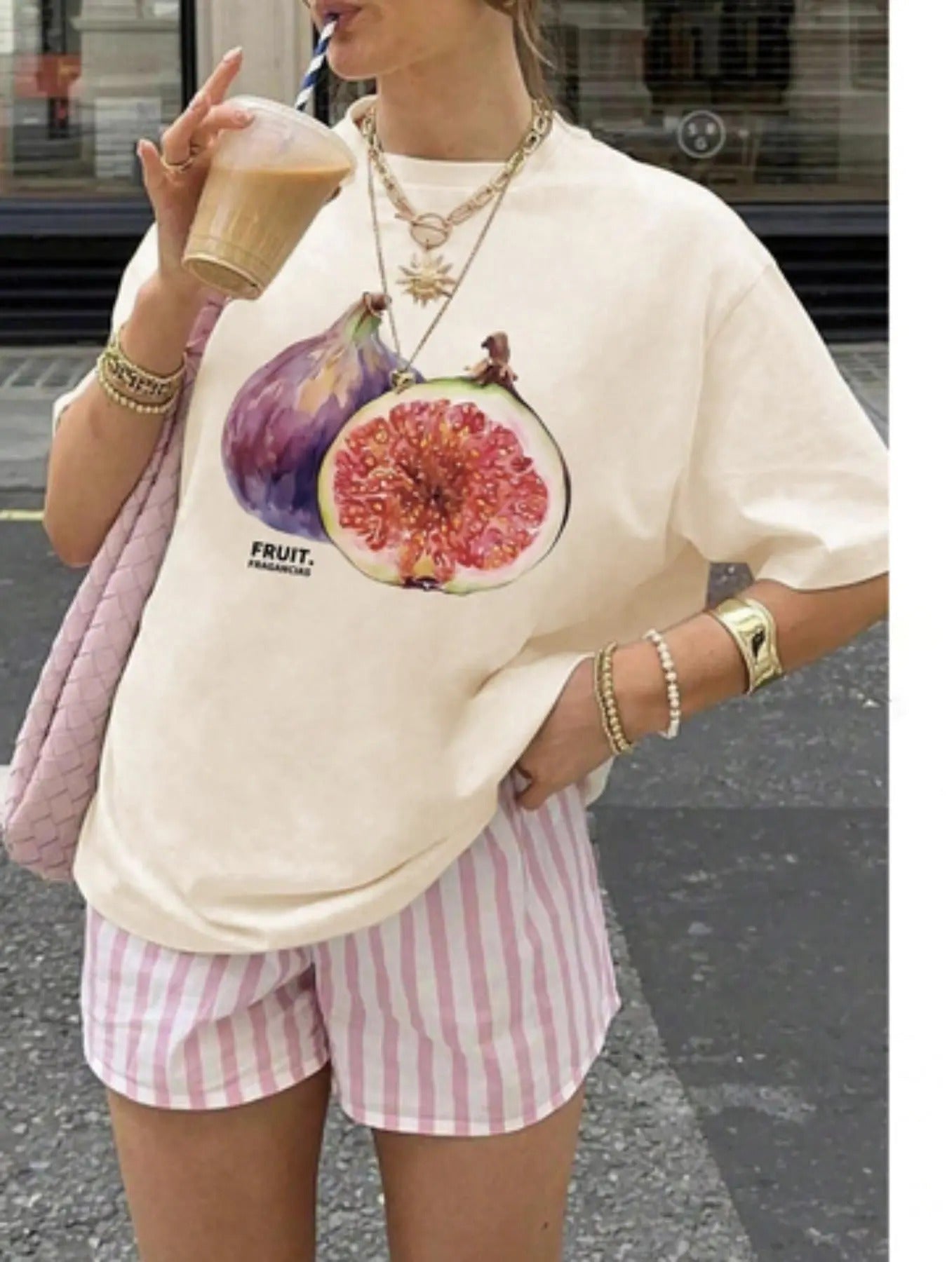 Women's Cartoon Fruit Print Round Neck Tee, Fashion Casual Short Sleeve T-shirt for Daily Wear, Ladies Summer Clothes, Top