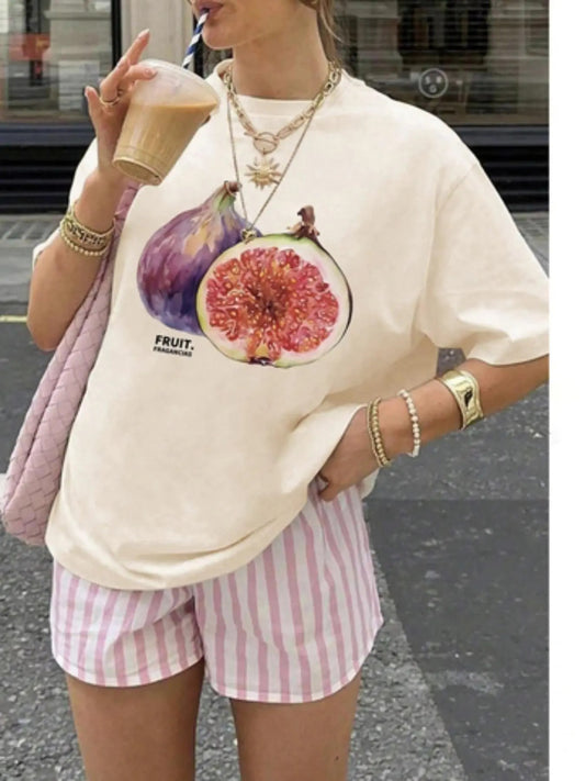 Women's Cartoon Fruit Print Round Neck Tee, Fashion Casual Short Sleeve T-shirt for Daily Wear, Ladies Summer Clothes, Top