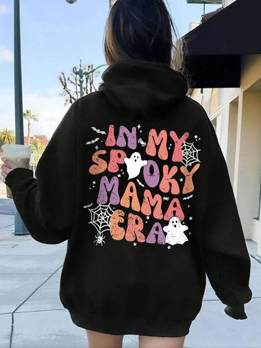 Women's Cartoon Ghost & Letter Print Drawstring Pocket Hoodie, Casual Long Sleeve Hooded Sweatshirt for Fall & Winter, Women's Clothes for Daily Wear