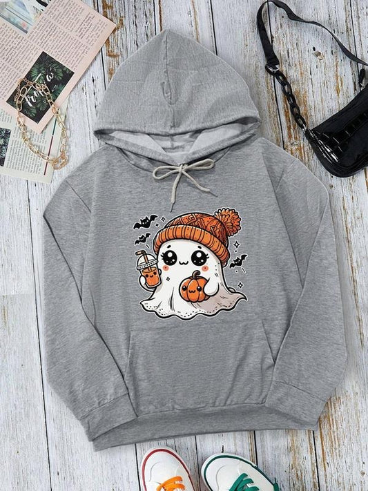 Women's Cartoon Ghost Print Drawstring Pocket Hoodie, Casual Drop Shoulder Long Sleeve Hooded Sweatshirt, Lady Fall & Winter Clothes for Daily Wear