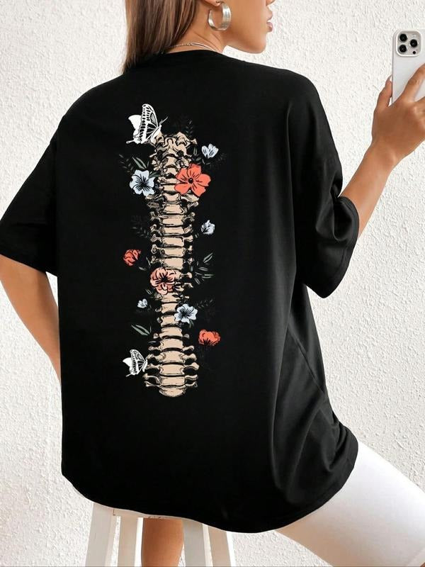 Women's Cartoon Graphic Print Drop Shoulder Tee, Summer Clothes Women Casual Round Neck Half Sleeve T-Shirt for Summer, Women's Top for Daily Wear