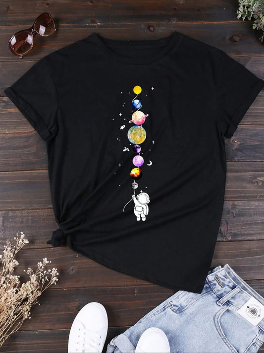 Women's Cartoon Graphic Print Round Neck Tee, Fashion Casual Short Sleeve T-shirt for Daily Wear, Ladies Summer Clothes