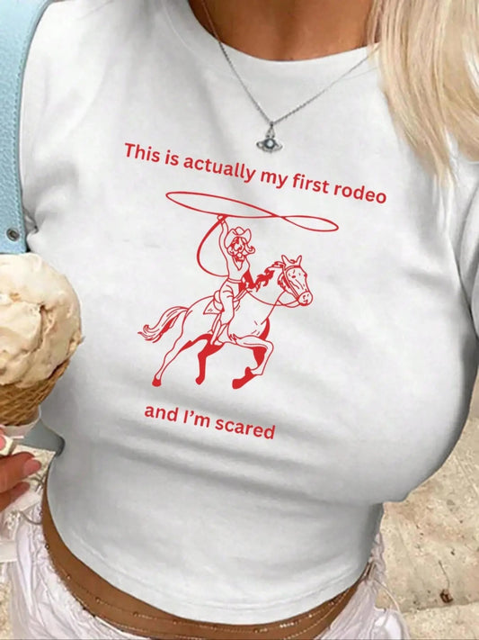 Women's Cartoon Horse & Letter Print Round Neck Graphic Tee, Vintage Trendy Casual Short Sleeve T-shirt For Daily Wear, Ladies Summer Outfit