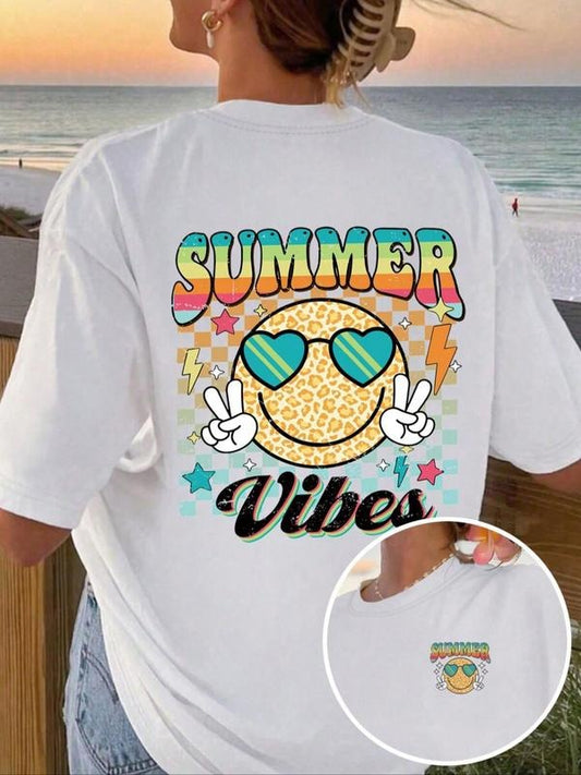 Women's Cartoon Letter Print Round Neck Graphic Tee, Vintage Trendy Casual Drop Shoulder Half Sleeve T-shirt for Daily Wear, Ladies Summer Outfit