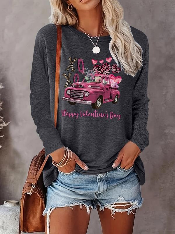 Women's Cartoon Letter Print Round Neck T-shirt, Casual Long Sleeve Crew Neck T-shirt for Spring & Fall, Women's Clothes for Daily Wear