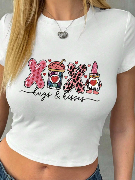 Women's Cartoon Letter Print Round Neck Tee, Casual Short Sleeve T-shirt for Summer, Ladies Clothes for Daily Wear