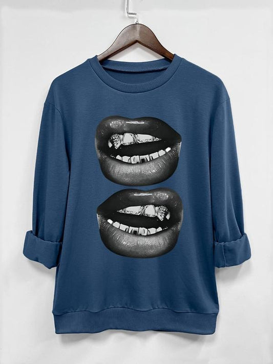 Women's Cartoon Lips Print Round Neck Sweatshirt, Casual Long Sleeve Pullover, Women's Fall & Winter Clothes for Daily Wear