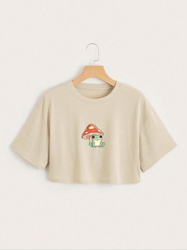Women's Cartoon Mushroom & Frog Print Round Neck Crop Tee, Summer Graphic Tees Women, Fashion Casual Short Sleeve T-shirt for Daily Wear, Ladies Clothes for Summer, Womenswear