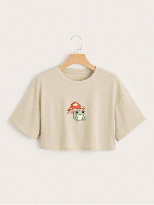 Women's Cartoon Mushroom & Frog Print Round Neck Crop Tee, Summer Graphic Tees Women, Fashion Casual Short Sleeve T-shirt for Daily Wear, Ladies Clothes for Summer, Womenswear