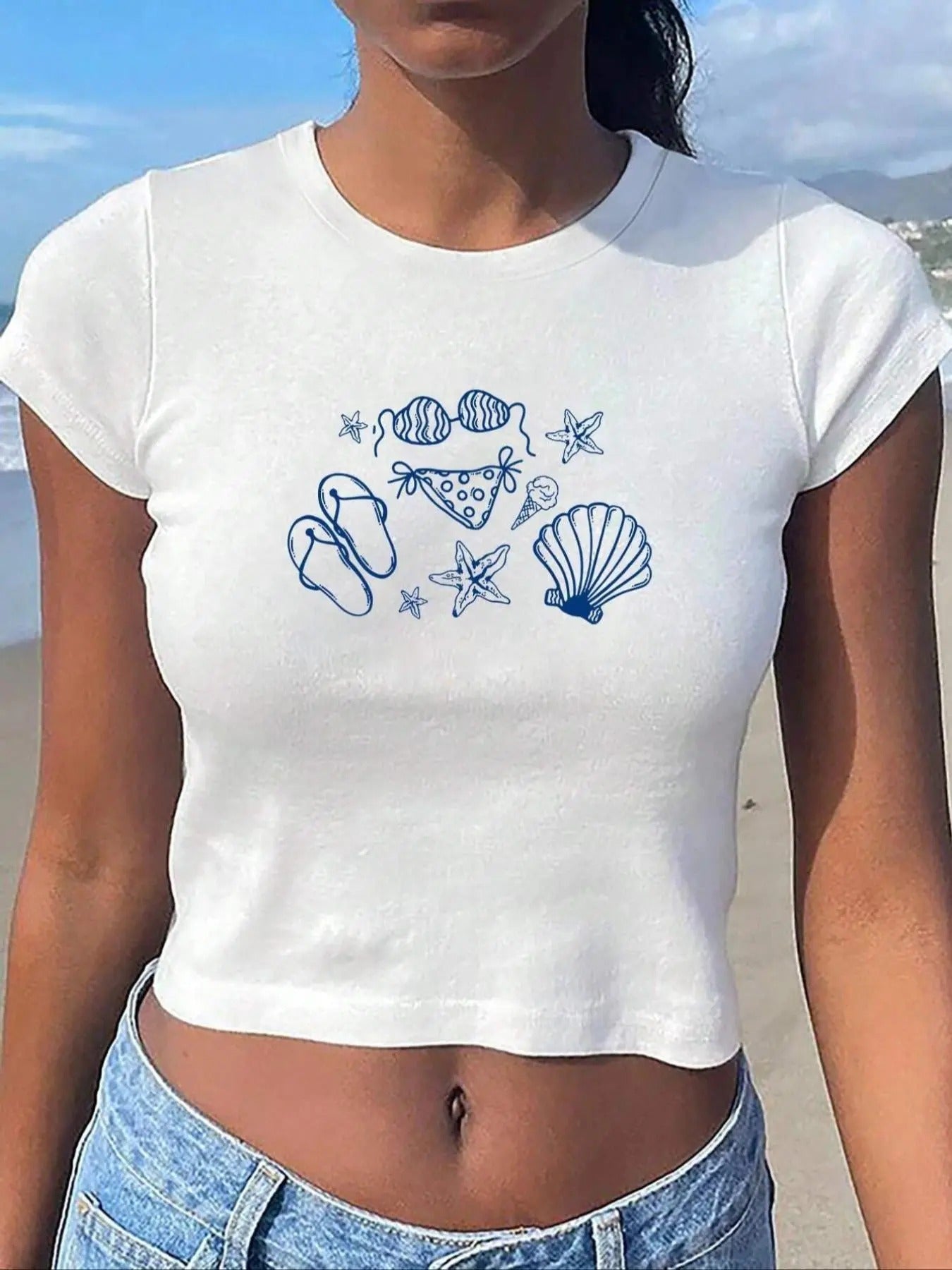 Women's Cartoon Print Round Neck Crop Tee, Casual Cap Sleeve T-shirt for Summer, Ladies Clothes for Beach Vacation