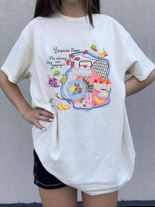 Women's Cartoon Strawberry & Letter Graphic Drop Shoulder Tee, Casual Half Sleeve Round Neck T-shirt for Summer, Fashion Women's Top for Daily Wear