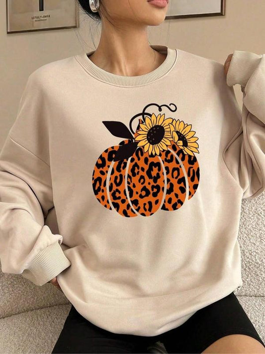 Women's Cartoon Sunflower Print Crew Neck Sweatshirt, 1 Count Casual Long Sleeve Pullover for Fall & Winter, Women's Clothes for Daily Wear